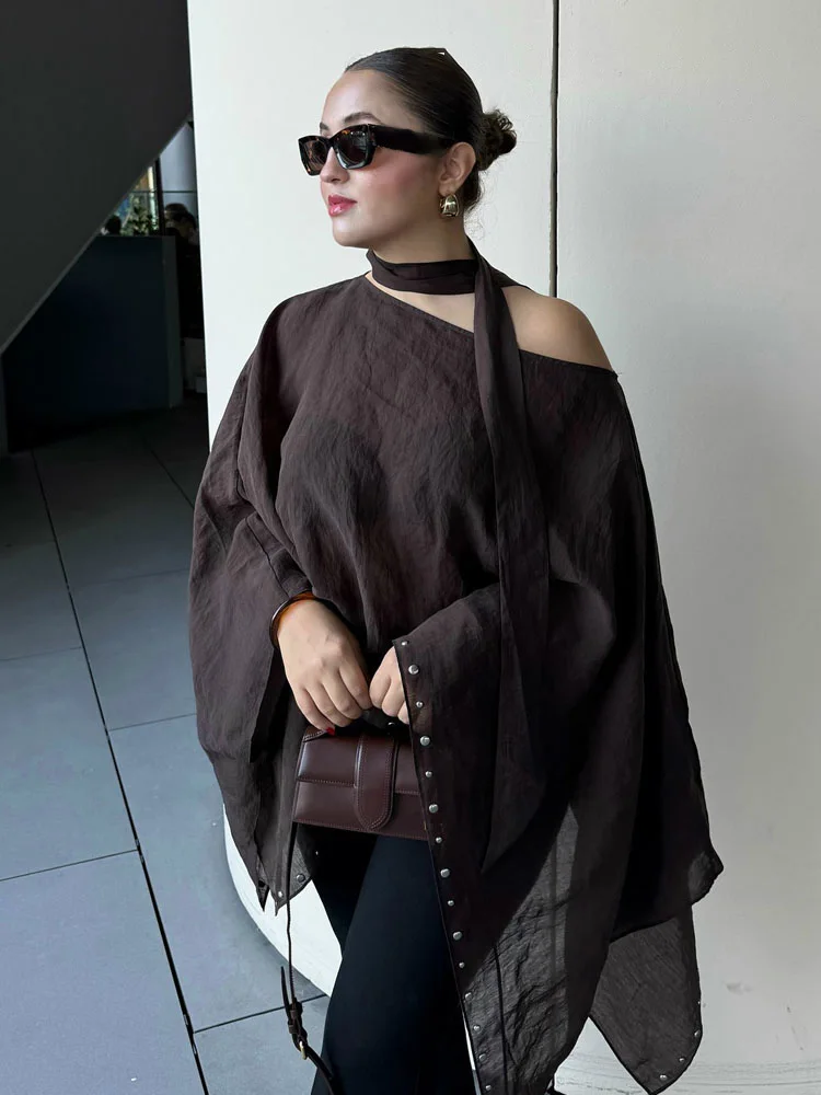 HH Women's New Fashion Long Sleeves Tops Solid Scarf Collar Rivet Decoration Female Summer Chic Loose Pullover Blouses