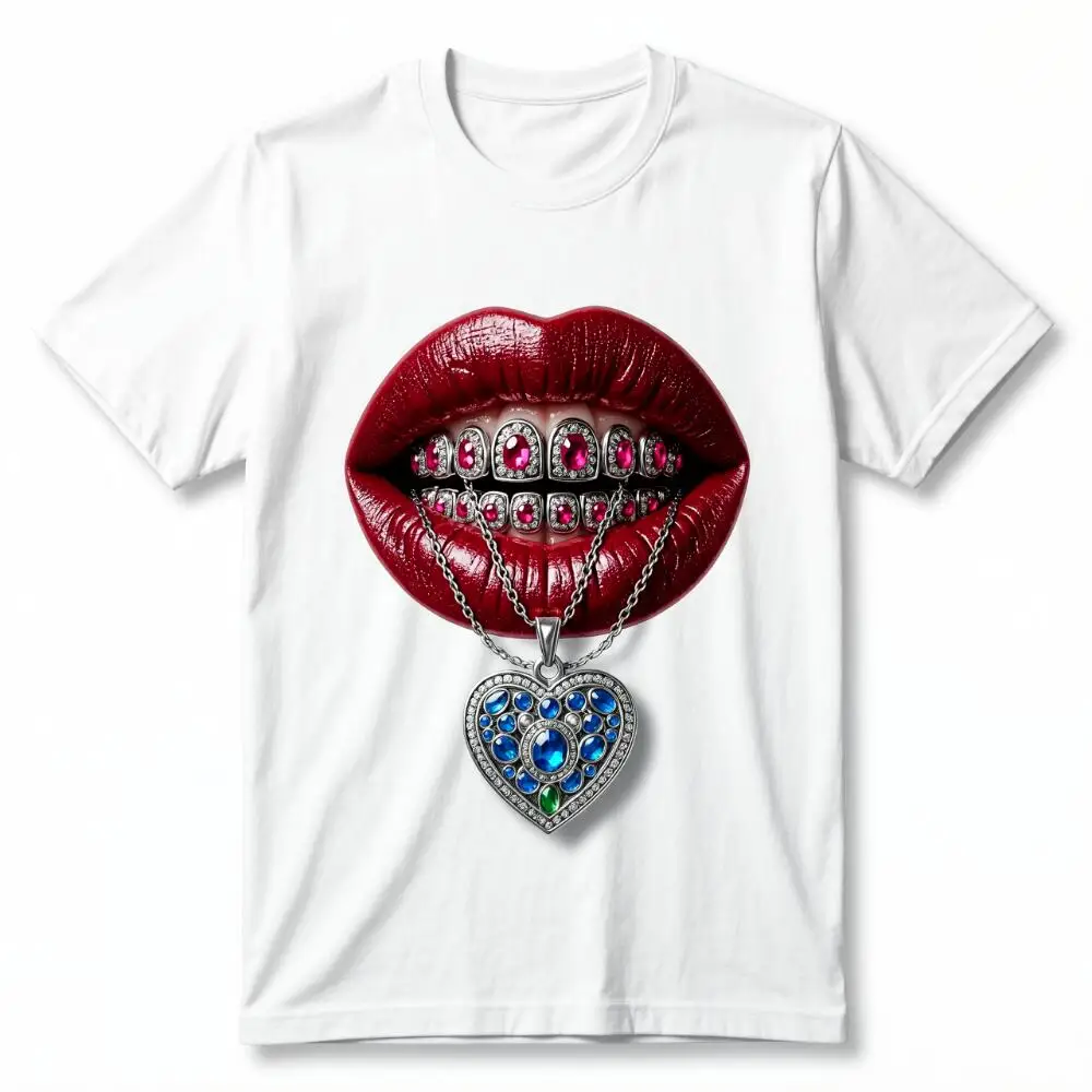 Cotton Y2K Glossy Lip Grill Heart Necklace T-shirt