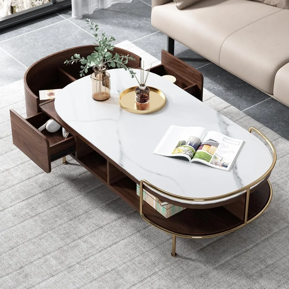 

Oval Coffee Table in Walnut, Marble Living Room Table with Semi-Circular Storage,Multi Functional Marvel for Modern Living Room