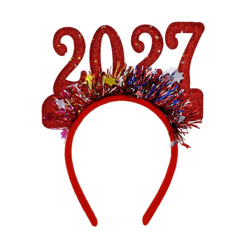 Adjustable Size 2027 Christmas Headband Light-Up Function Glitter Sequined New Year Headpiece Plastic Frame Flexible Design