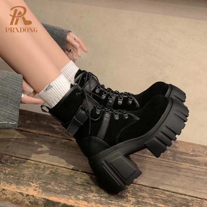 PRXDONG Top Qulaity Genuine Leather Women Shoes Chunky High Heels Platform Black Punk Dress Casual Lady Motorcycle Boots 34-39