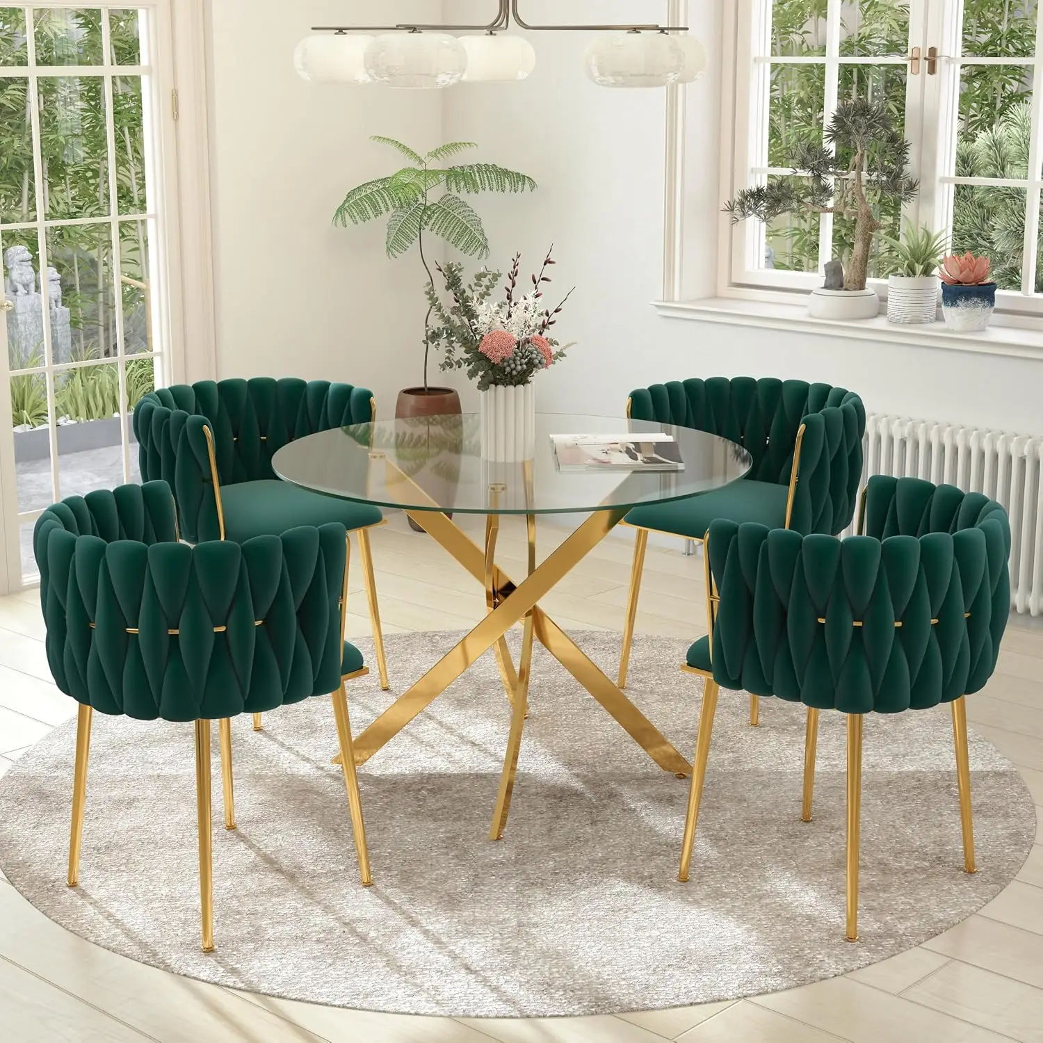 Glass Dining Table Set 5 Pieces, 36'' Round Table & 4 Green Woven Chairs, Minimalist Small Apartment, Gold, Customized