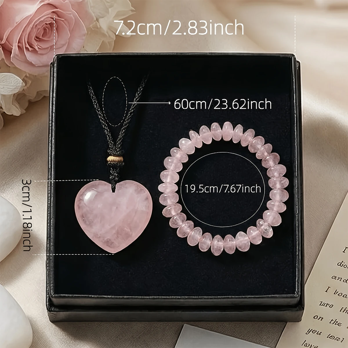 Natural Rose Quartz Heart Pendant Necklace Bracelet Jewelry Set Healing Crystal Gift Box For Women Valentine Anniversary Gift