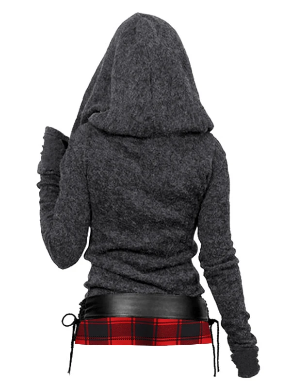 Women\'s Plaid Print Hooded Knit Top Long Sleeve Surplice Hood Knitted Top With Lace-up Belt Spring Winter Hoodie Tops