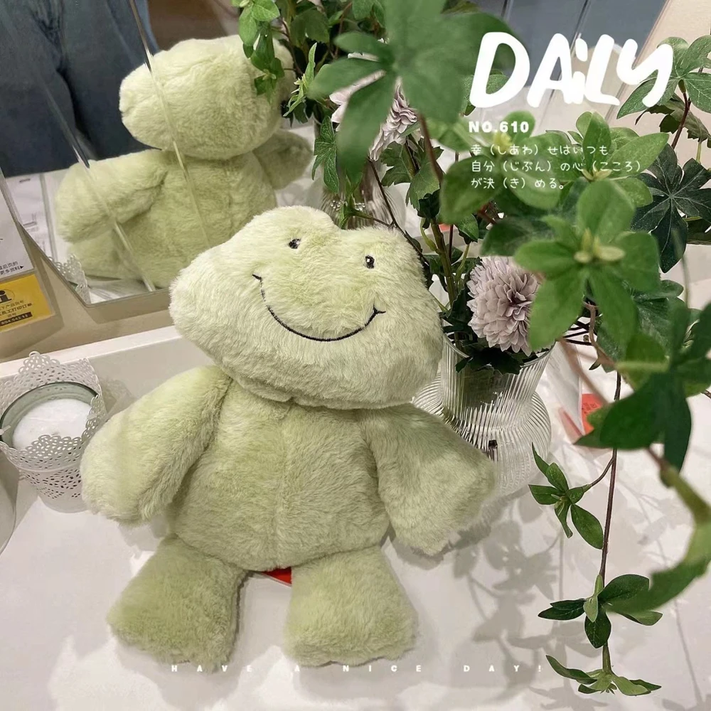 34CM Cute Happy Green Frog Plush Toy INS Mung Bean Frog Figurine Creative Bestie Friend Child Accompanied Birthday Gift