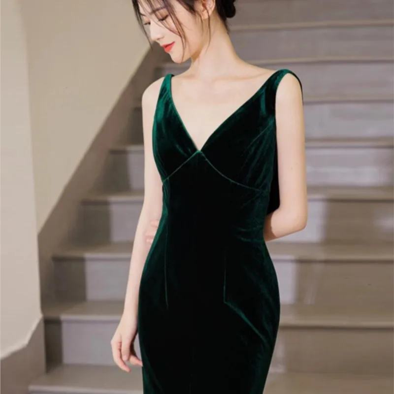 Morning gown lady green velvet light luxury niche fishtail dress banquet toasting