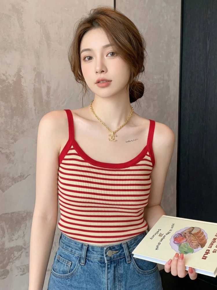 2026 Short Sleevle Vest Tees Stripe Aesthetic Y2K Crop Tops Harajuku Streetwear Knit Suspenders Tank Top Women Clothes