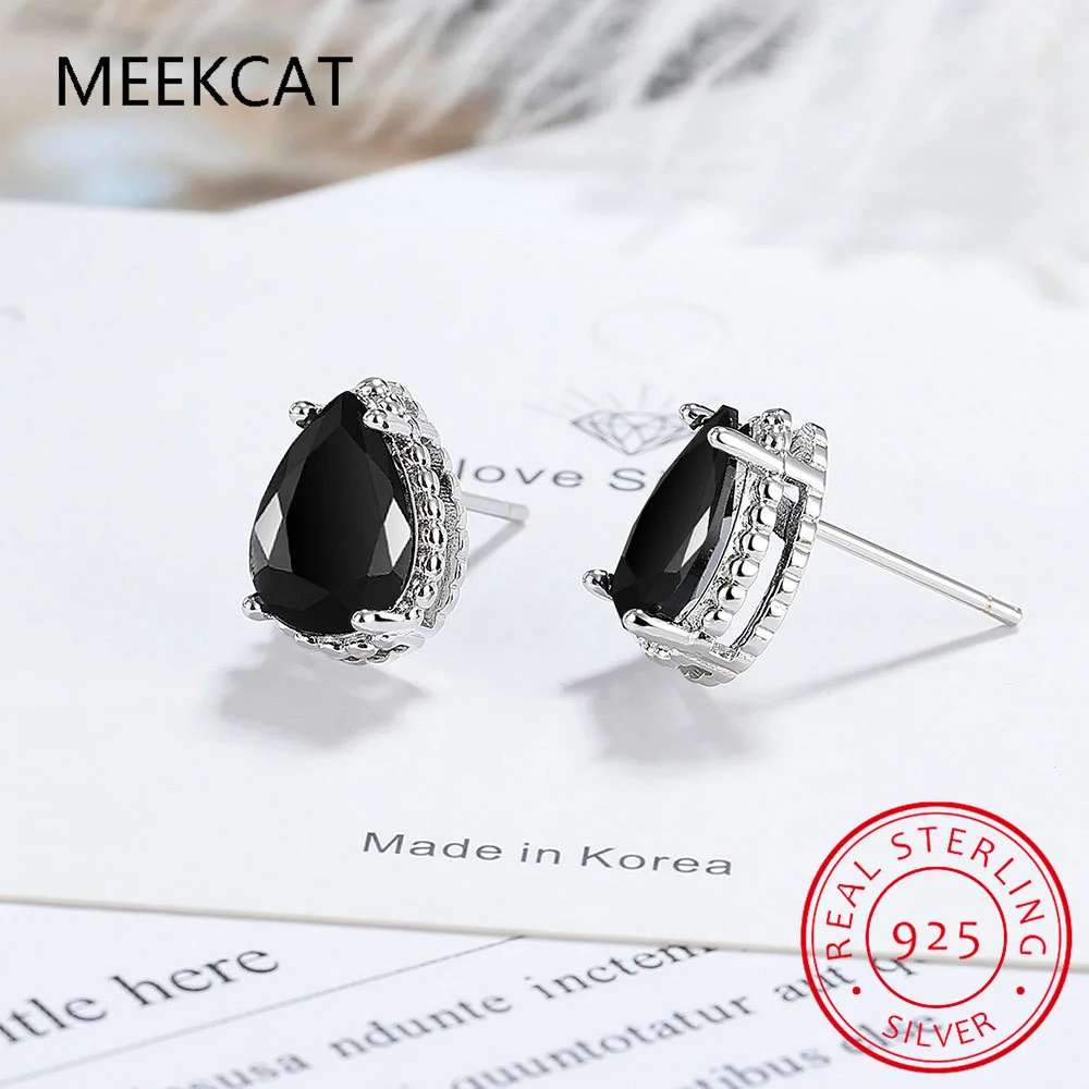 Pear Cut Natural Black Spinel 925 Sterling Silver Water Drop Stud Earrings for Women Black Gemstone Jewelry Brincos de Prata