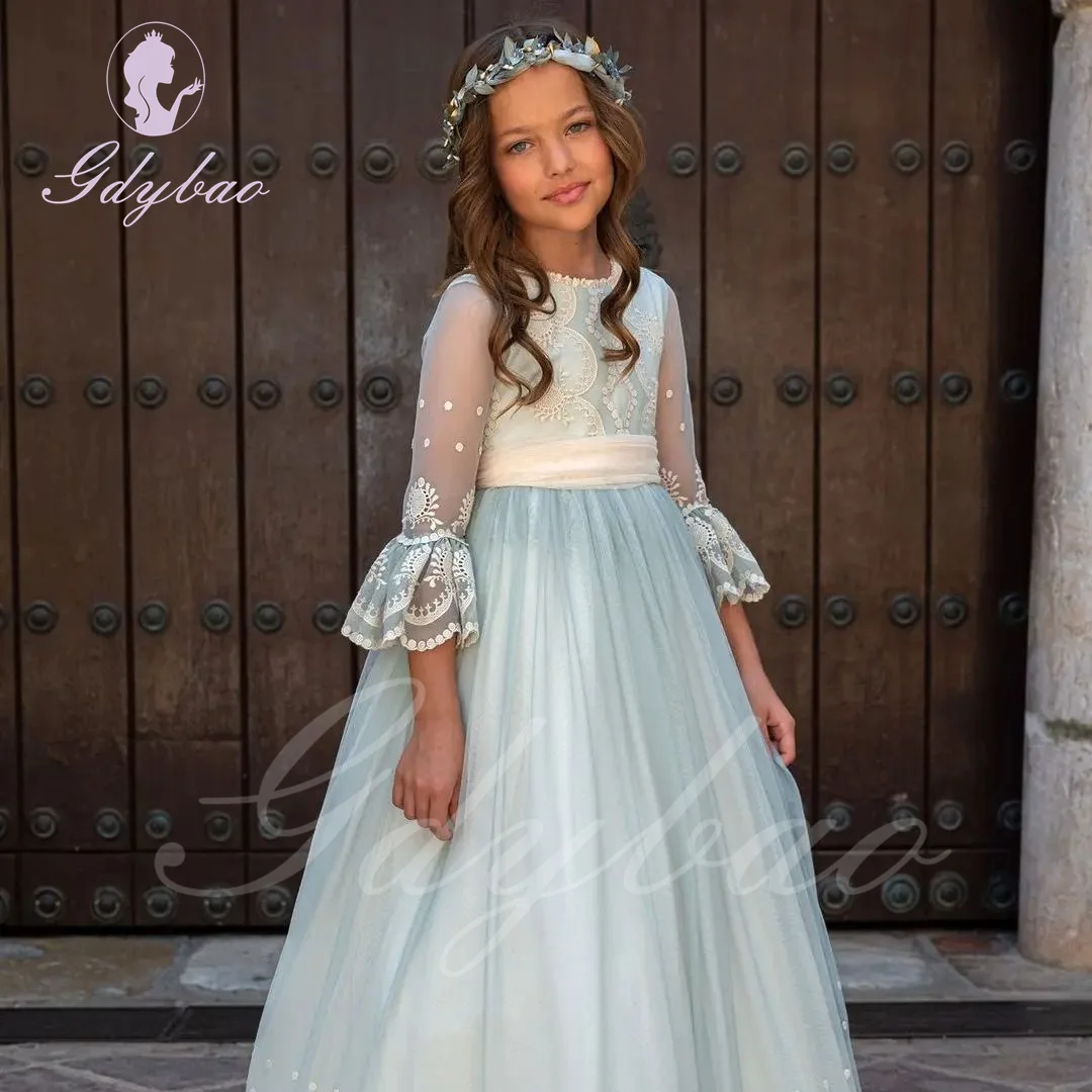 Flower Girl Dress For Wedding Long Applique Puffy Tulle 2/3 Sleeves Princess Kids Party First Holy Communion Baby Ball Gown