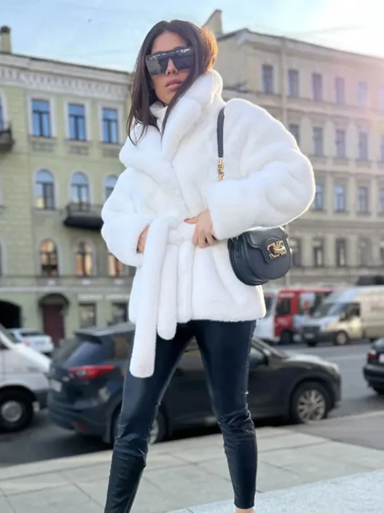 ZADORIN Winter Coats for Women 2024 Luxury Lapel Belted White Faux Fur Coat Women Fashion Loose Fur Jacket Chic Fluffy Fur Coats