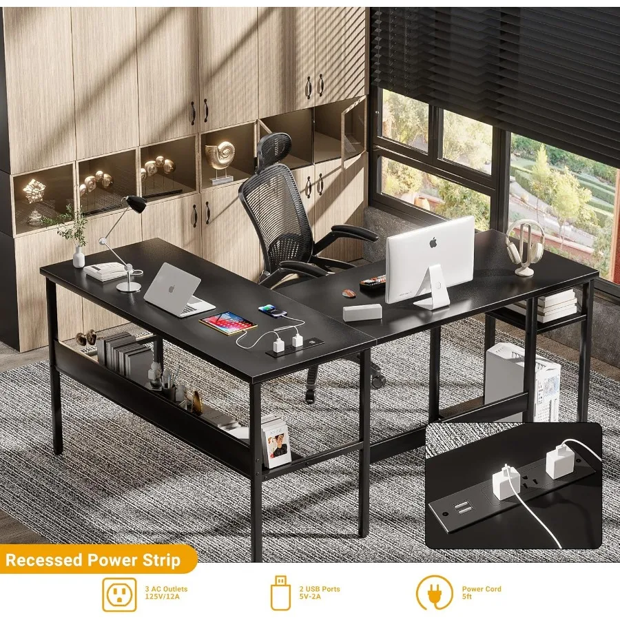 Mesa reversível em forma de L com tomadas de energia mágicas e portas de carregamento USB para escritório doméstico e configuração de jogos Computação de canto resistente