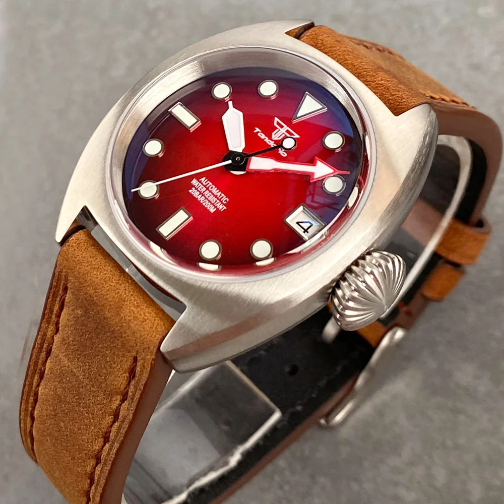 Tandorio NH35 Domed AR Sapphire 36mm Mechanical Watch Men 200M Dive Wristwatch Lume Red Green Dial Leather Band Sport Clock