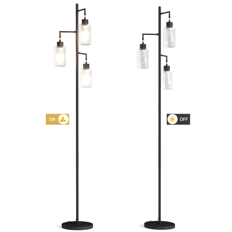 Lampu Lantai Gaya Industrial 3 - Lampu dengan Kap Lampu Kaca Persegi Panjang Lampu Berdiri Retro untuk Ruang Tamu Kamar Tidur Membaca