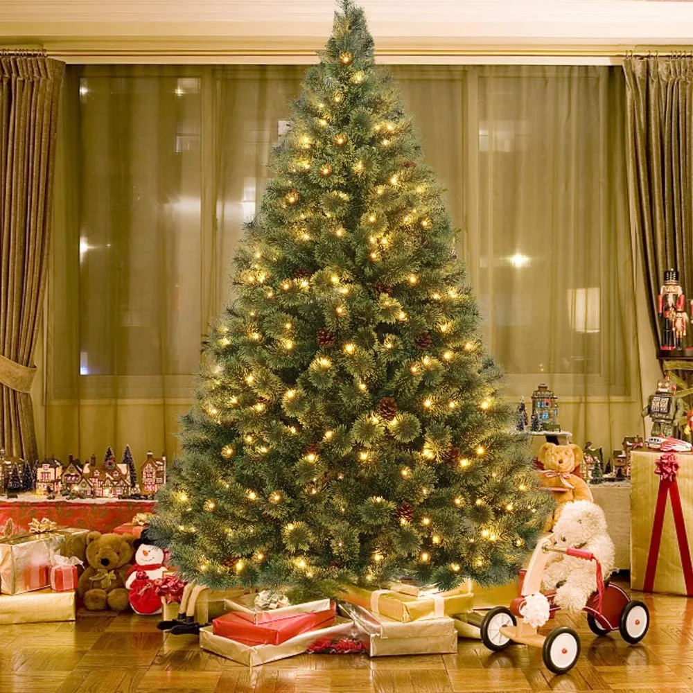 

6FT Pre-Lit Hinged Christmas Tree Artificial Pine Tree with 484 Tips & 260 LED Lights, 49 Pine Cones & Foldable Metal