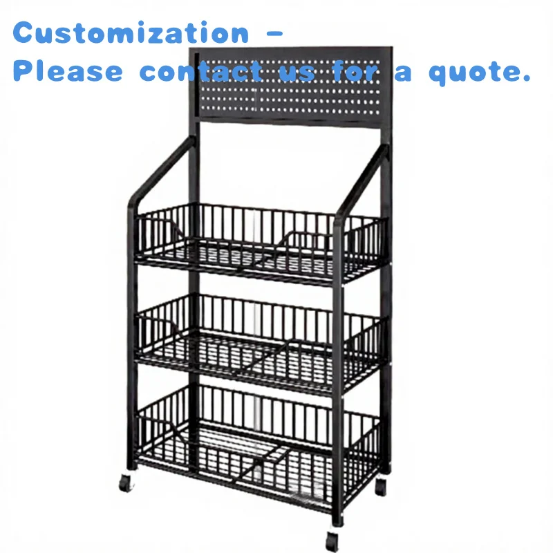 custom.4 Tier Portable Metal Retail Display Rack with Wheels 24inch Wide Snack Display Stand 15 Hooks Kitchen Office Supermarket