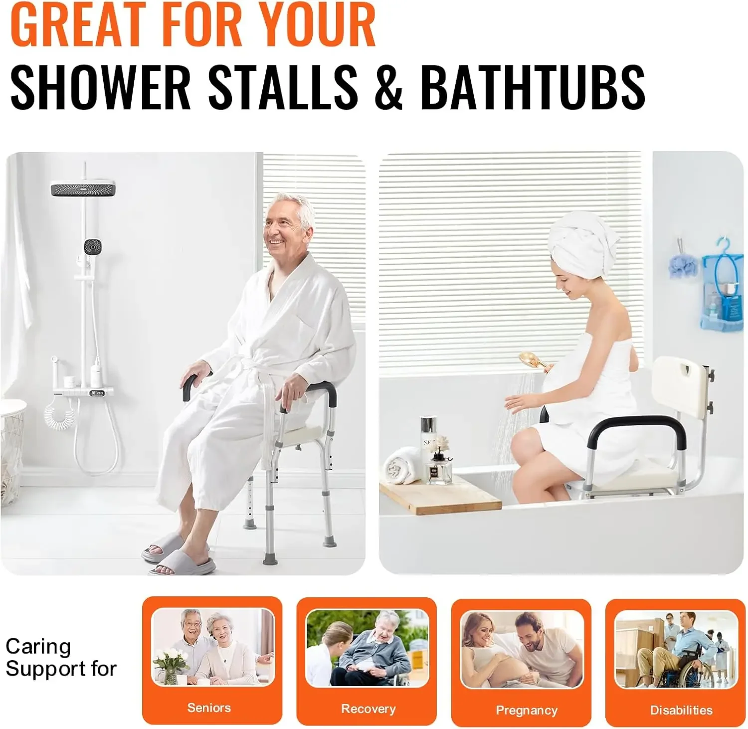 Shower Chair, Shower Seat with Back, Non-Slip Bathroom Bench Bath Chair for Elderly Disabled Handicap, 350 LBS Capacity