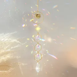 1 Piece Golden Sun Pentagram Crystal Chain Pendant Room Window Hanging Decoration Dream Rainbow Gift Catcher