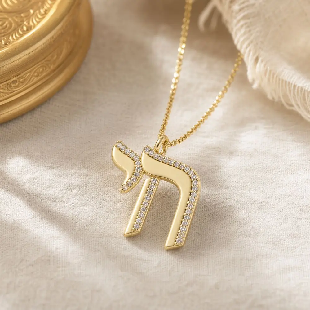 Brass Chai Pendant Rhinestone Inlay Gold Tone Hebrew Letter Pendant Polished Finish Top Hanging Loop