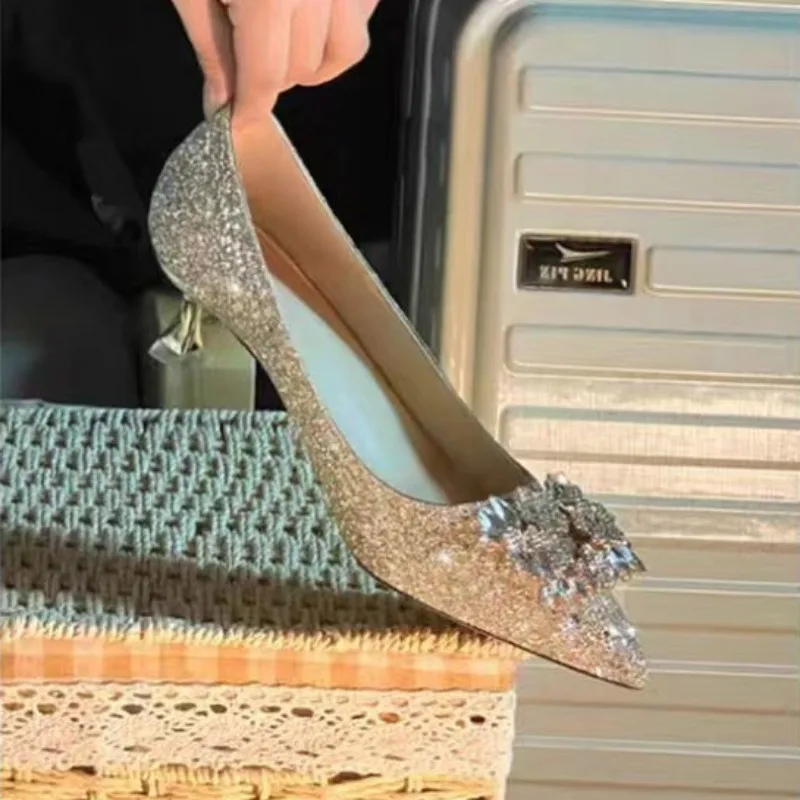 Sandalias De tacón alto con diamantes De imitación para Mujer, Zapatos puntiagudos De hadas De cristal, a la moda, Verano