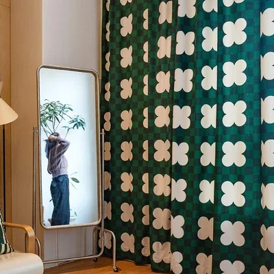 Green Flower Abstract Half Shading Free Punch Paste Tape Bedroom Curtains Geometric Pattern Design Doorway Drapes