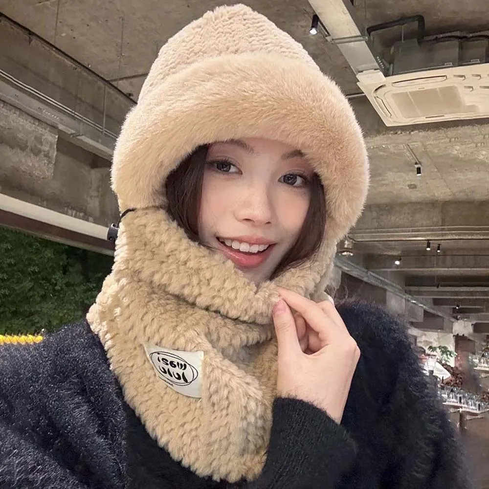 

Fashion Plush Winter Integrated Scarf Cap 4 in 1 Soft Mask Woolen Hat Ushanka Thickened Cold Proof Scarf Keep Warm