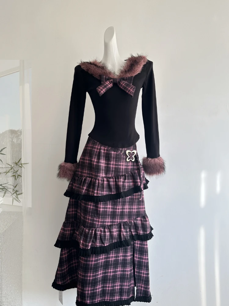 

Японский сладкий ретро клетчатый комплект из 2 предметов, женский винтажный топ с длинными рукавами и бантом, многослойная юбка с рюшами, новый винтажный крутой наряд для девочек 2025