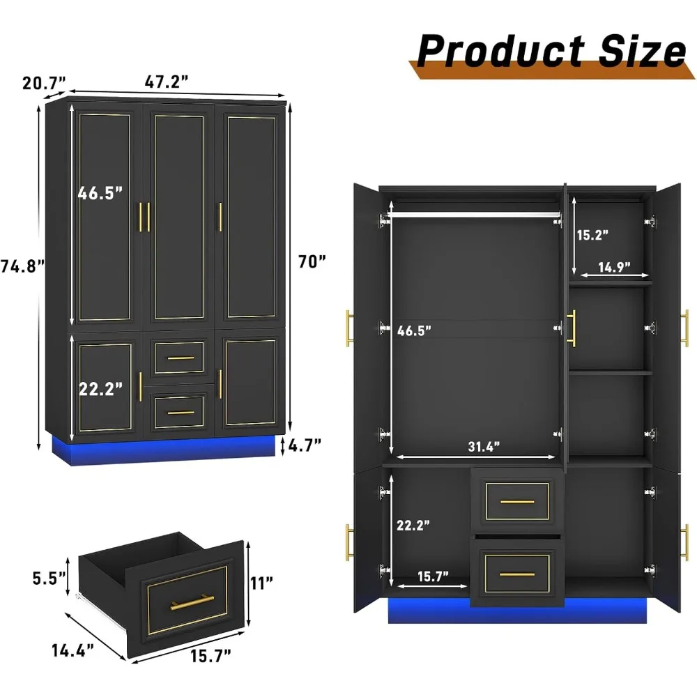 75” Tall 3 Doors Armoire Wardrobe Closet with 2 Drawers and LED Lights, Closet Wardrobe Cabinet with Shelves and Hanging Rod