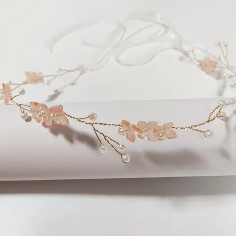 Peach Butterfly Pearl Flower Hair Vine Band Headband Tiara For Women Bride Girl Wedding Bridal Hair Accessories Jewelry Vine