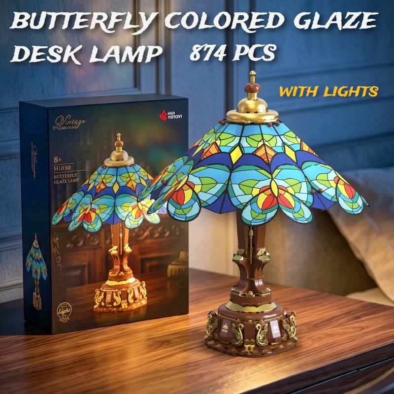 874PCS Vintage Butterfly Glaze Desk Lamp with Lights Building Blocks,Elegant Bedroom Table Night Lamp Ornament Toy Birthday Gift