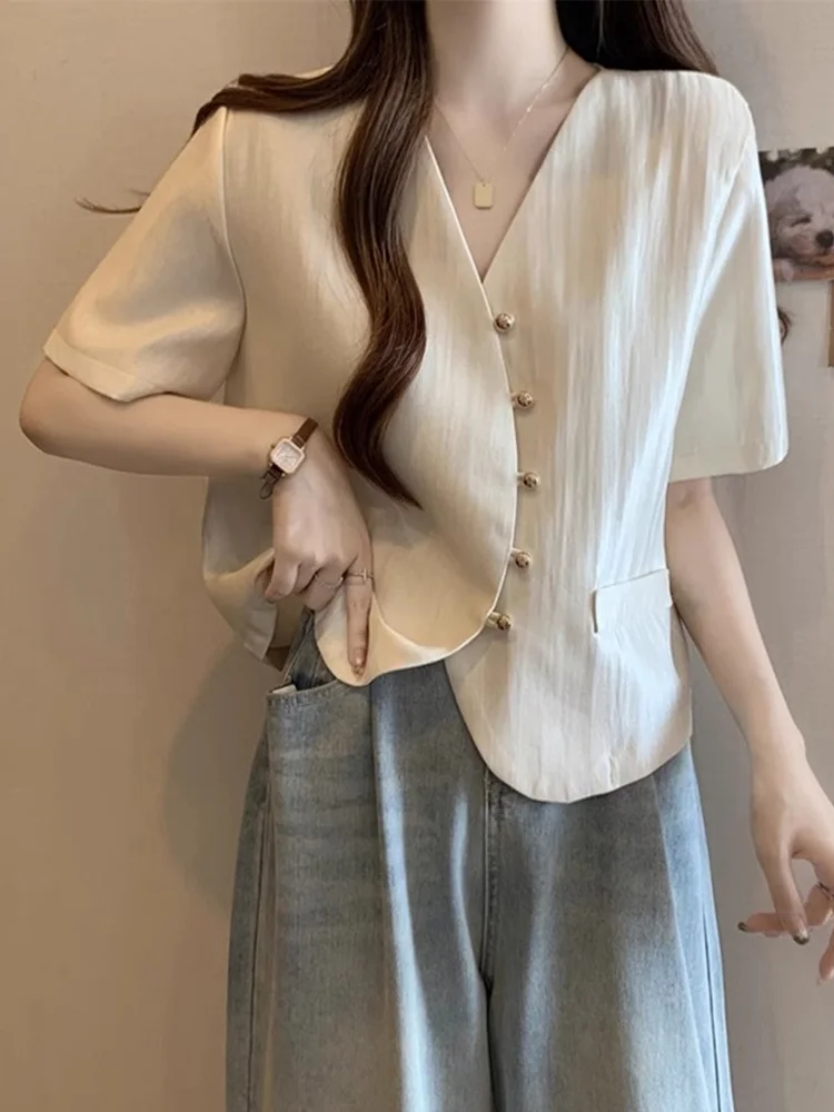 

Chic ort Sve irt Women's Summer New Sle Name Lady High-End Feel Outerwear Cardigan Korean Loose Fit Button Detail