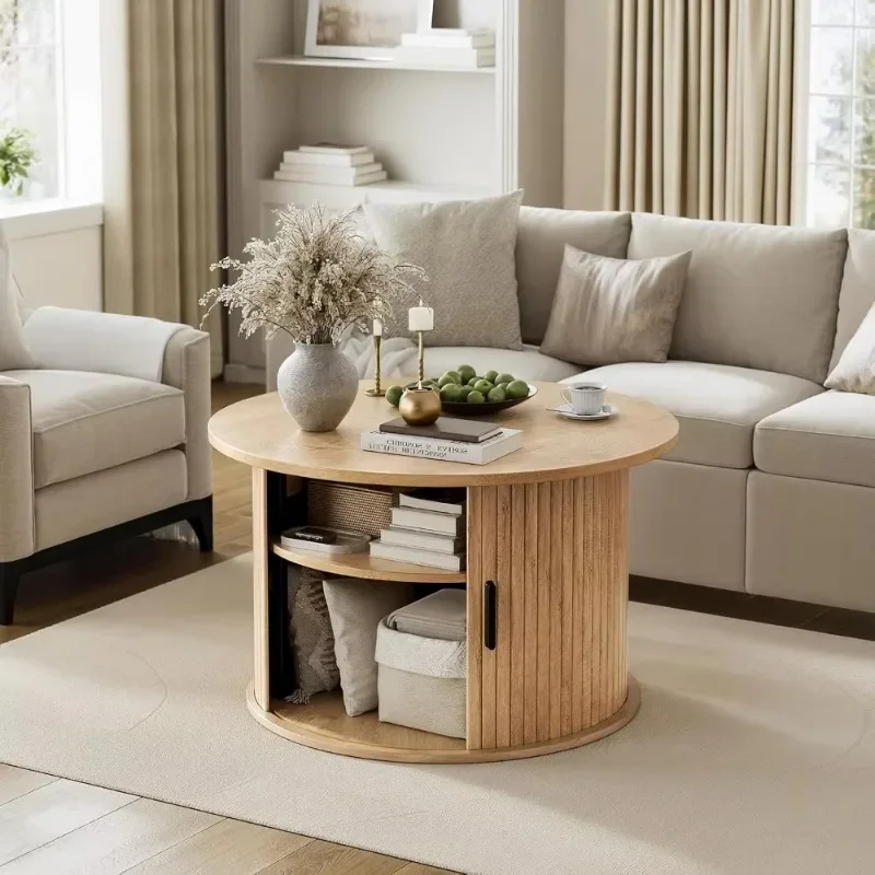 CZ-23  Round Lift Top Coffee Table With Fluted Sliding Door And Hidden Storage | Small Center Table For Living Room Dining Area