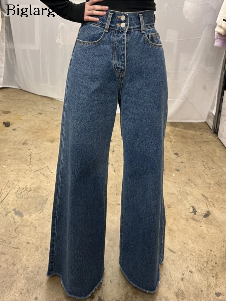 Jeans retrô de cintura alta feminina, calça longa, perna larga, solta, plissada, estilo coreano, calça feminina, moda outono