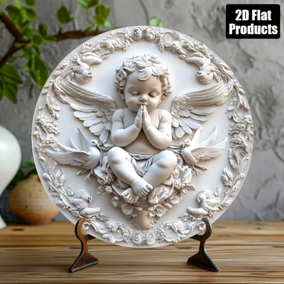 2D Flat Vintage Praying Cherub Angel Round Metal Tin Sign, Retro 3D Relief Style Wall Decor Tin Plaque, Classic Religious Cupid