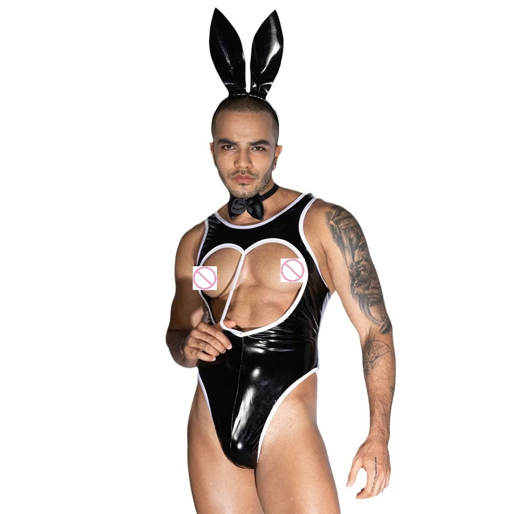 Men Sexy Hollow Out Roleplay Bunny Boy Lingerie Uniform Hormone Male Night Club Cosplay Waiter Costumes Gay Nauty PU Bodysuit