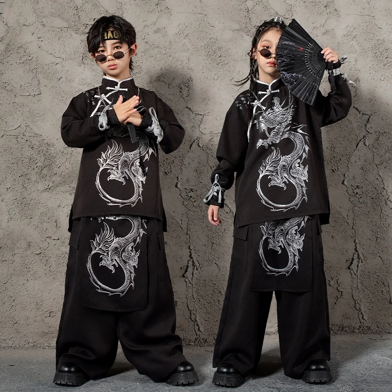 

Chinese Style Modern Jazz Dance Costumes For Girls Black Loose Outfits Boys Fashion Hip Hop Dance Performance Clothes DQS17624