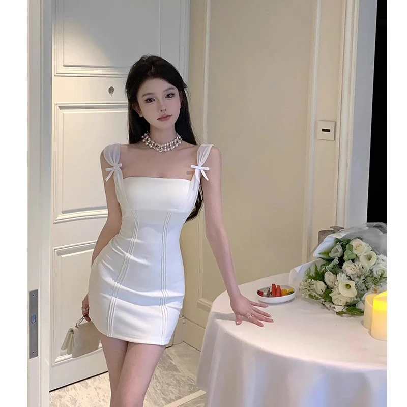 

Sweet Hot Girl Pure Sexy Bow Halter Dress Women's Summer Slim Fit Bag Hip Square Collar Short Dress Fashion Female Clothes
