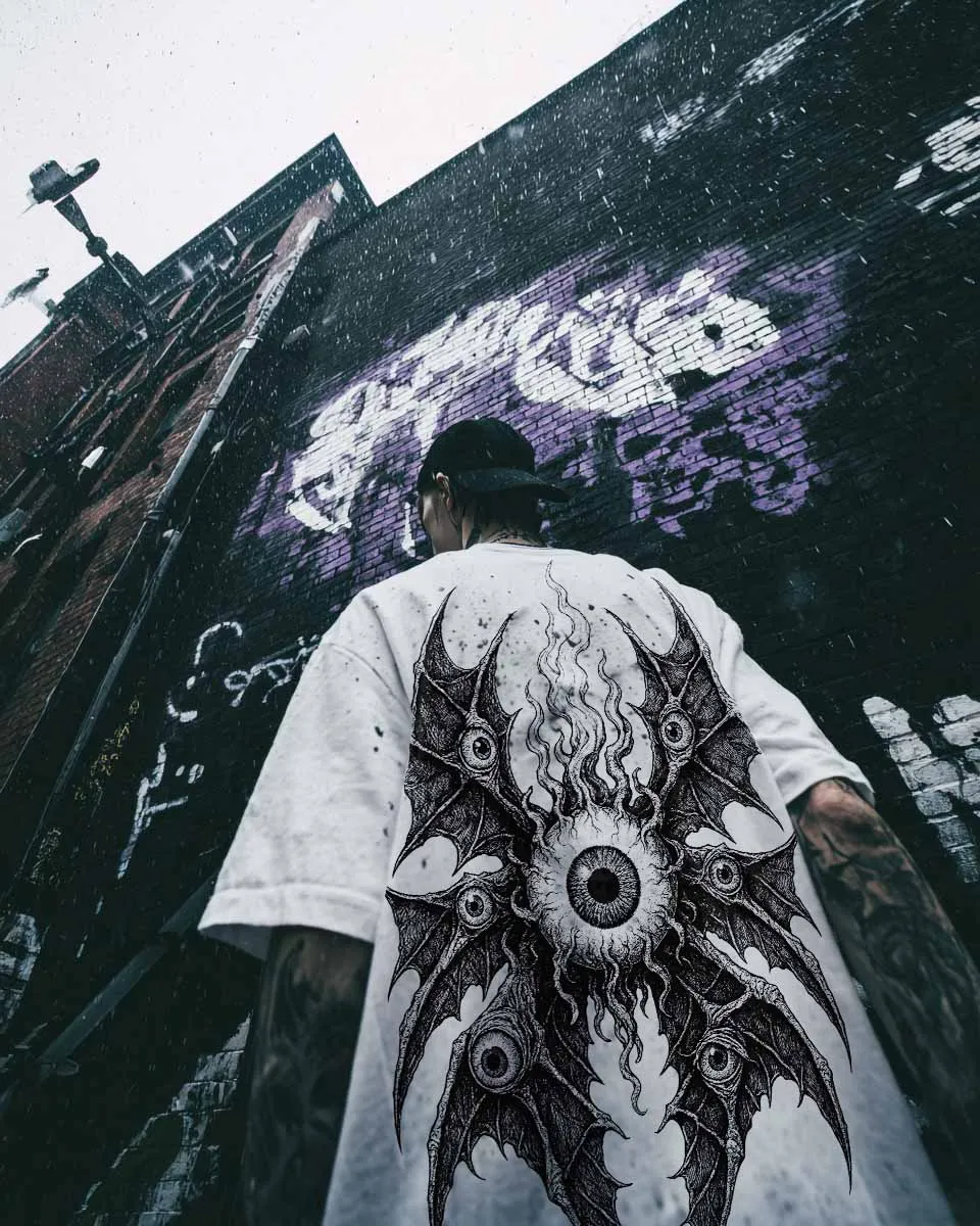 Devil Multi Eyed Batwing Monster Big Back Printed Men's Short Sleeved T-shirt Gothic Punk Metal Street Wear Casual Top