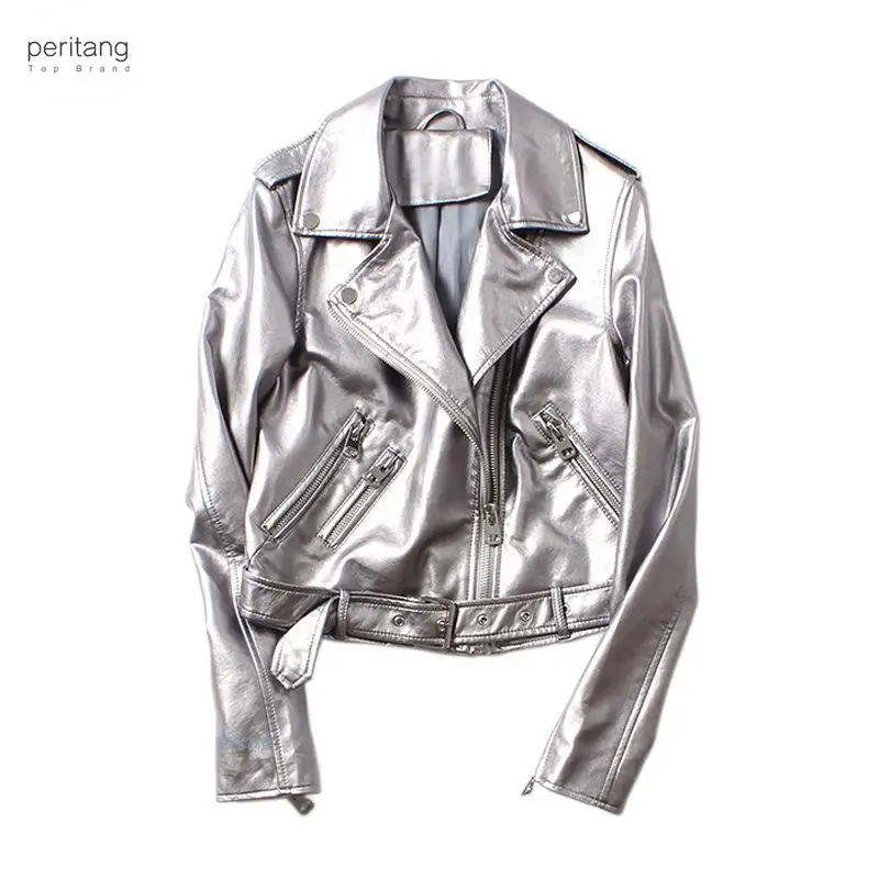 PERITANG-Blouson en similicuir PU femme, streetwear, respirant, argenté, pour moto, automne hiver