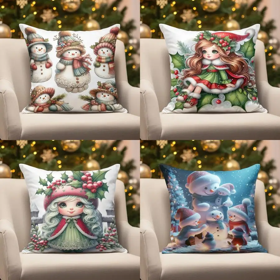 Home Decor Christmas Snowmen & Fairy Girl Suitable For Sofa Bedroom Car Pillow Cover Cushion Rectangular Back Cushion