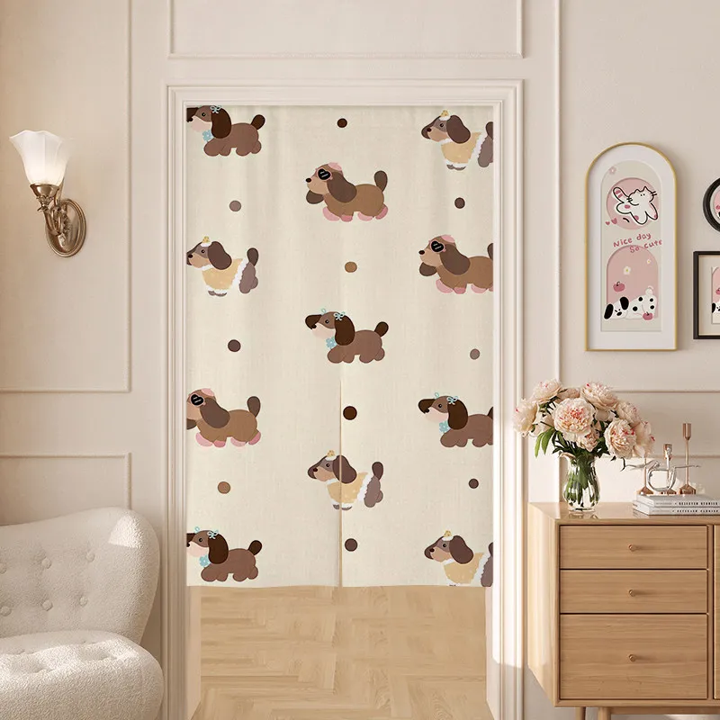 VIKAMA Polka Dot Dachshund Noren Door Curtain Cartoon Puppy Print Hanging Curtain Entryway Partition Soft Cute Home Decor