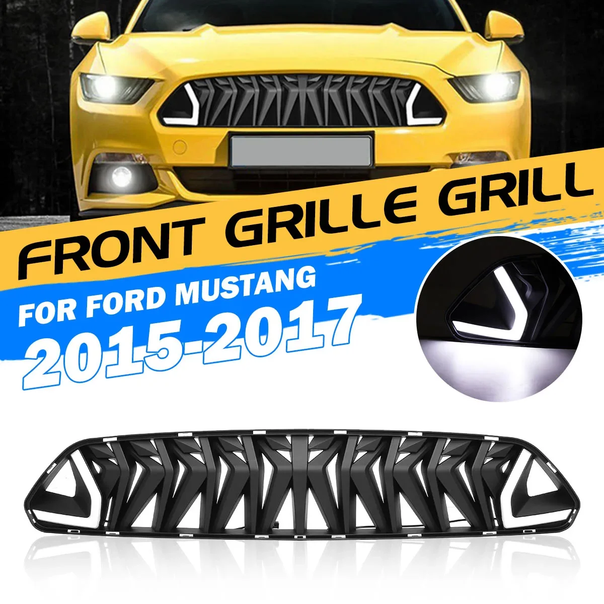 ABS Black Grille For Ford Mustang 2015 2016 2017 Front Mesh Grill With White LED Light