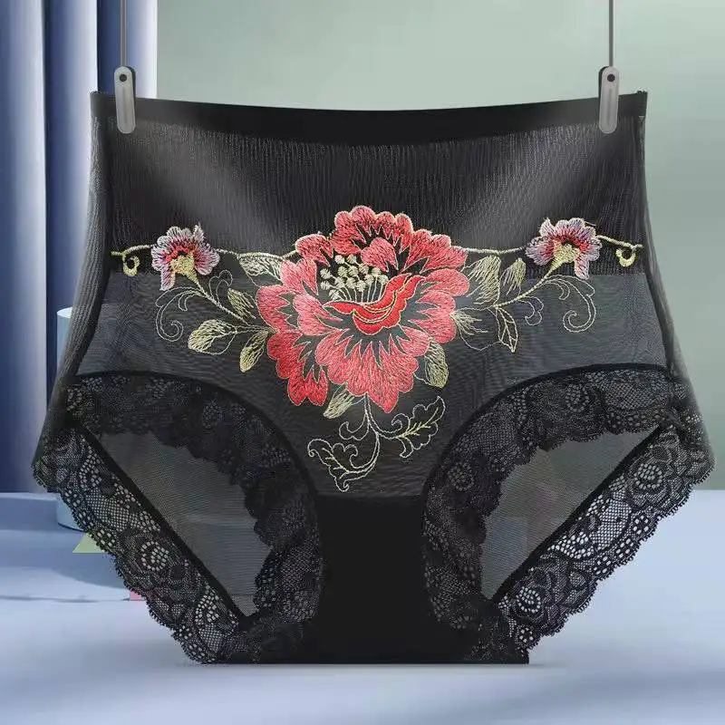 Kobiety w stylu Retro siatkowa seksowna przezroczysta koronkowa haftowana bielizna w kwiaty elastyczność majtki z wysokim stanem eleganckie oddychające majtki