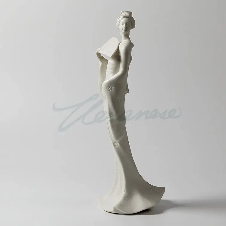 Ceramic Japanese Geisha Figurine Plain White Kimono Lady Statue with Fan Oriental Character Desktop Ornament Home Tabletop Decor