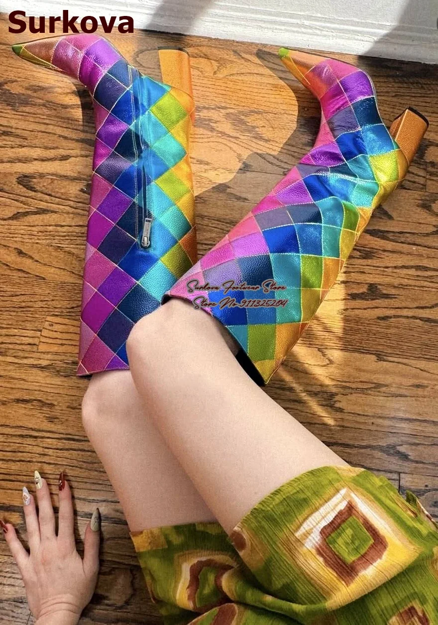 Women Rainbow Argyle Patchwork Knee High Boots Chunky Heel Multicolor Plaid Pointed Toe Tall Boots Retro Party Cosplay Shoes