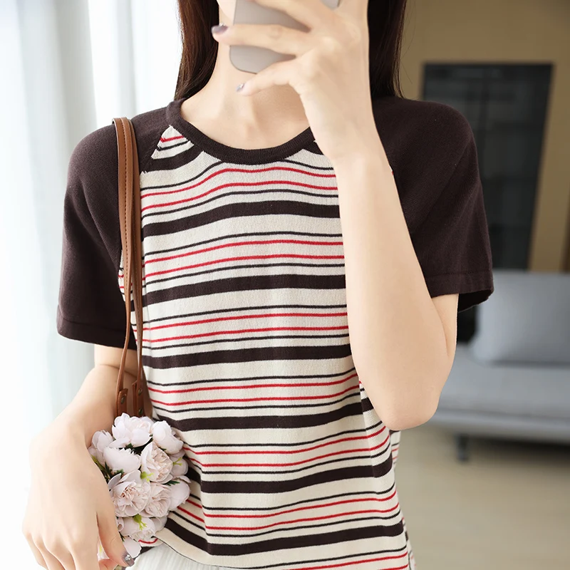 

Summer new 100% pure cotton short sleeved casual striped knitted T-shirt round neck Jumper women's Tops loose splicing color Tee