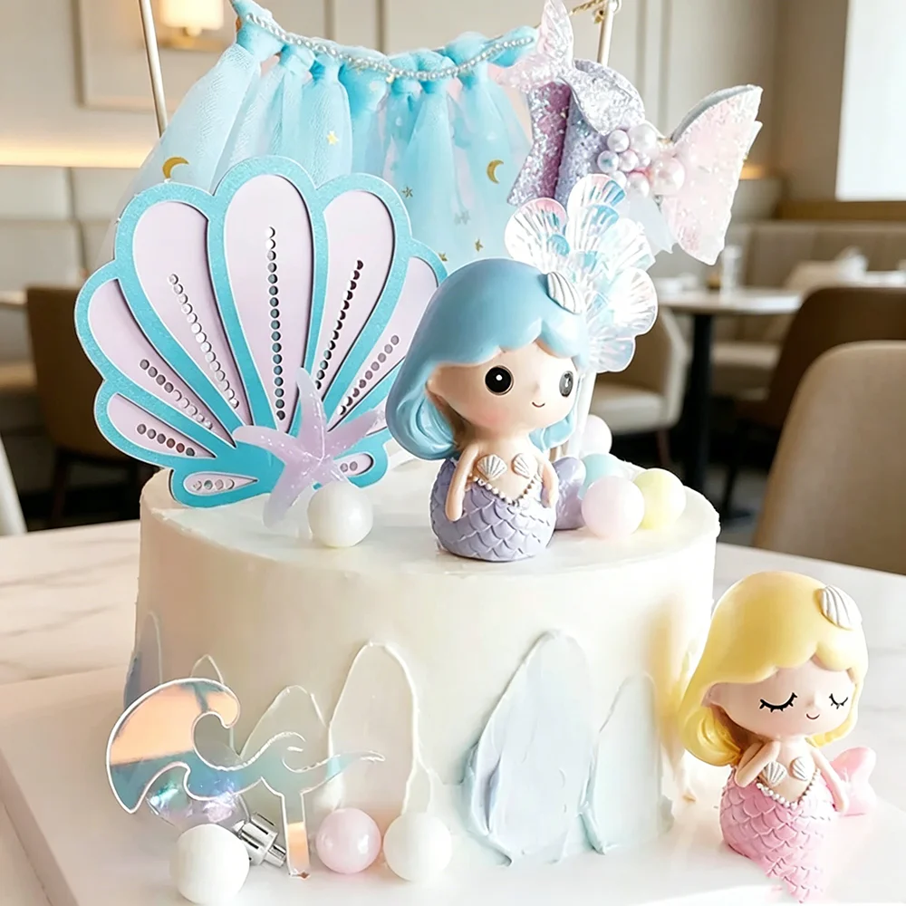 Ocean Themed Mermaid Cake Topper Decorates Cakes and Cupcakes for Girls Birthday Baby Shower and Themed Party Scene Arrangement