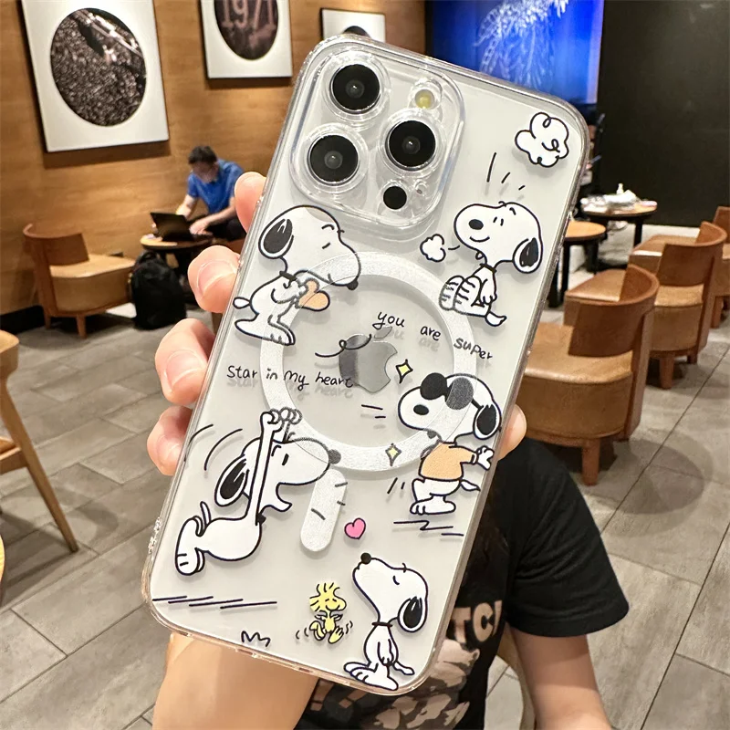 Snoopy Cute Cartoon With Magsafe Case For iPhone 16 15 14 13 12 11 Pro X Xs Max Hard Shell Magnetic Compatible Cover