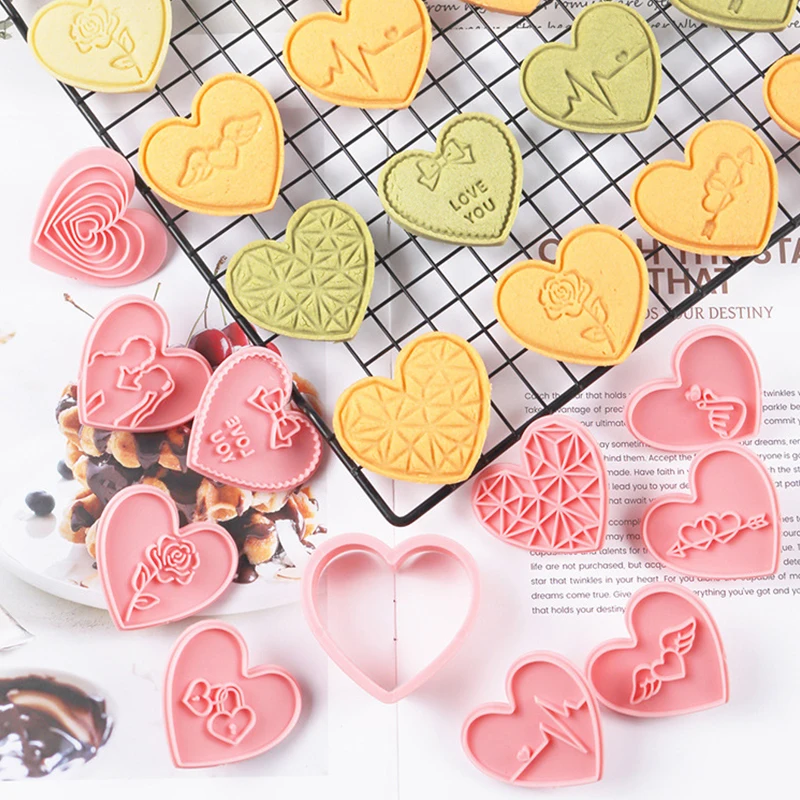 10 piezas de bonitos cortadores de galletas para el Día de San Valentín, sellos de plástico con forma de corazón rosa para galletas, molde para galletas, juego de moldes para galletas para amantes de la prensa