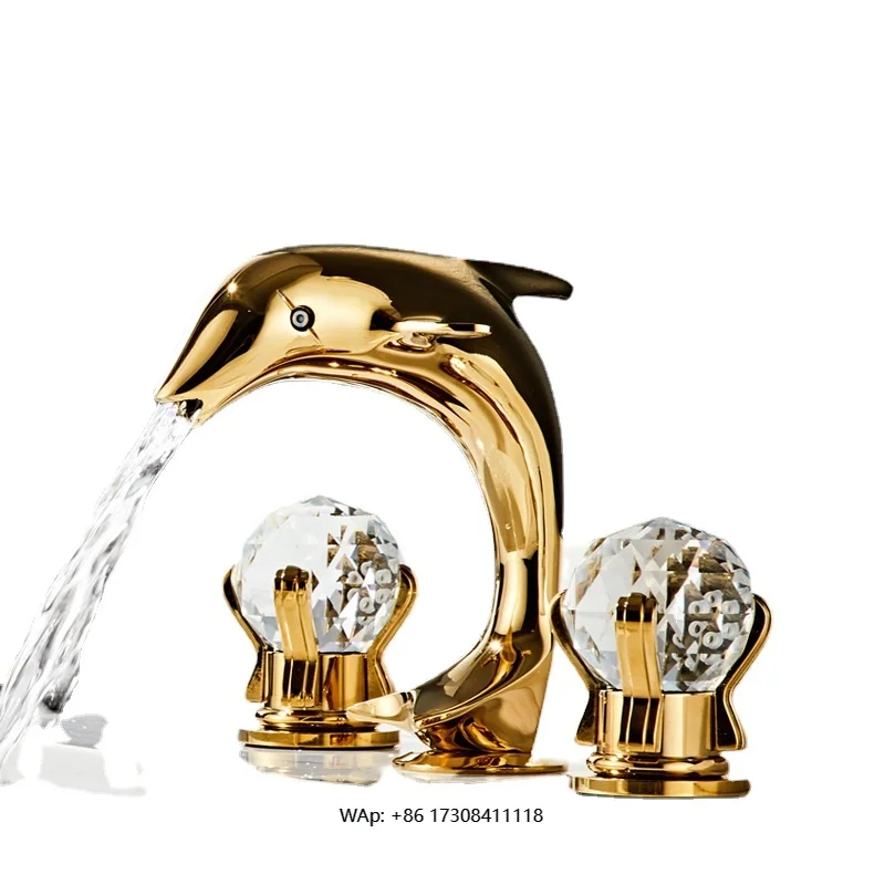 

Gold and copper European double handle three-hole basin hot and cold faucet bathroom cabinet washbasin split type