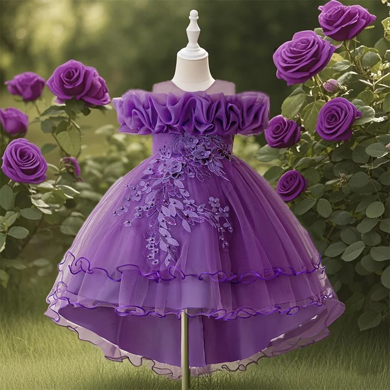 

Kids Dark Purple Tulle Ball Gown Party Dress Suitable For Birthday Celebration Performance Pearl Mesh Princess Dress